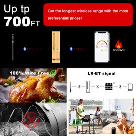 700FT Wireless Smart Meat Thermometer with Bluetooth for BBQ, Oven, Air Fryer, Grill, Smoker, Rotisserie, ±1.8℉/1℃ Accurate,2S Instant Read, Smart APP Control, Dishwasher Safe