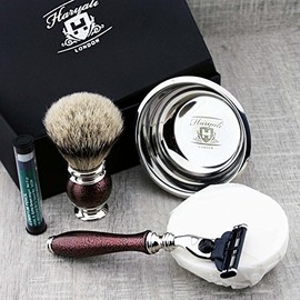 Haryali Maroon Antique Men's Shaving Set with Triple Edge Razor, Silver Badger Brush, Shaving Bowl, Alum Pencil and Shaving Soap
