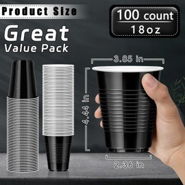 Dualshine 100 Pack Black Plastic Cups 18 oz, Disposable Cups for Party, Heavy Duty Drinking Cups, Graduation Shot Cups for Wedding Birthday Beer Taste Serving Snack Sample Tastings Barbecues Picnic