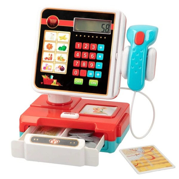 Cash Register Toy Kids Simulation Sounds Pretend Play Shopping Till Scanner with Light, Pretend Cash, Coins and Credit Card