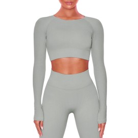 Buttergene Women Workout Sets 2 Pieces Long Sleeve Yoga Outfits Gym Clothes Seamless Ribbed Crop Top High Waist Leggings