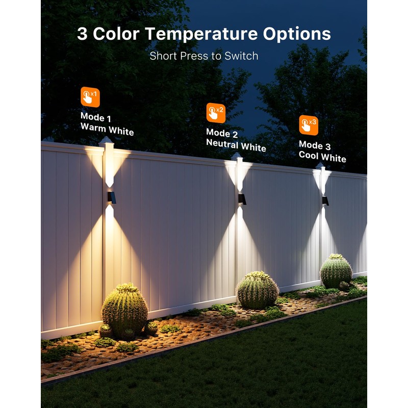 8 Pack Warm/Neutral/Cool White Solar Powered Fence Lights Up and