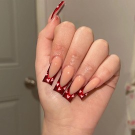 Valentine's Day French Press on Nails Long Square Red Nail Tips Love Heart Design Fake Nails Glossy Nude False Nails with Glue on Nails Artificial Nails Reusable Stick on Nail for Women Manicure