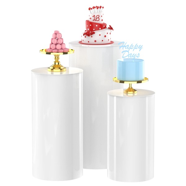 Xiomot Round Cylinder Pedestal Stands 3PCS White Cylinder Tables for Parties Dessert Table Display Pillars for Party Wedding Baby Shower Birthday Event Decor 15.7*35.4"(L),14.2*29.5"(M),13*23.6"(S)