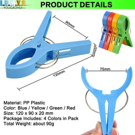 LRMYS Big Size Plastic Hanging Clips Set, 12cm Large Beach Towel Clamps for Sunbeds Sun Loungers Pool Chairs Laundry Prevent Blowing Clothes Pegs Away, 4 Colors in Pack