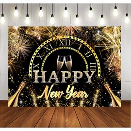 LYCGS 10X8ft 2024 Happy New Year Backdrop Black and Gold New Year Background Fireworks New Year Backdrops for Photography New Year's Eve Party Decoration Banner X-178