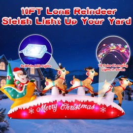 MICOCAH 10FT Long Christmas Inflatables Outdoor Decorations Santa Claus with Reindeer Sleigh, Built-in Rotating Colorful LEDs Cute Deer Sled Xmas Blow Up Yard Decoration Holiday Eve Party Indoor