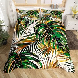 jejeloiu Tropical Leaves Duvet Cover Queen Size Leaf Pattern Bedding Set for Kids Botanical Comforter Cover Set Women Men Teens Ultra Soft Green Golden Decor Bedspread Cover,No Insert