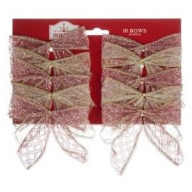 Holiday Time (LOT OF 2) Holiday Time Sheer Pink and Gold Glitter Plaid Bow Wired Edge Twist