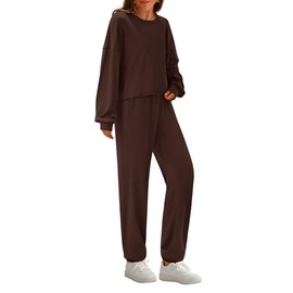 PRETTYGARDEN Women's Two Piece Lounge Sets 2025 Fall Airport Outfits Long Sleeve Pullover Tops Sweatpants Matching Clothing (Brown,Medium)