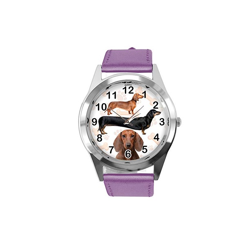 TAPORT® Purple Leather Round Watch for Dachshund Fans