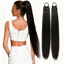 QITHGYD Set of 2 Black Ponytail Extensions, 70 cm Hairpiece Braid for Women, Straight Hair Extensions with Elastic Band, Easy to Use, Natural Look, Hair Extensions, Ideal for Everyday Use and Party