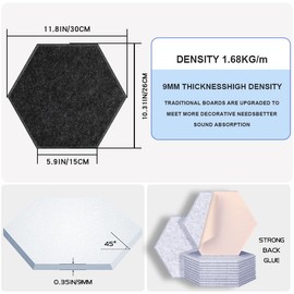 12 Pack Hexagon Acoustic Panels 11.8"X10.3"X0.35" Self-Adhesive High Density Sound Absorbing Panels Sound For Wall Panels In Home Office Reccording Room Studio（Frosted black）