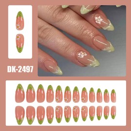 Flower Press on Nails Almond Cute Green French 3D Flowers Fake Nails Medium Acrylic Nails Press ons White Floral Full Cover Glossy Spring and Summer Stick Glue on Nails for Women Girls 24 Pcs