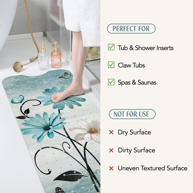 SHUCHING Turquoise Bath Mat for Tub Non Slip-40x16 Inch, Flower