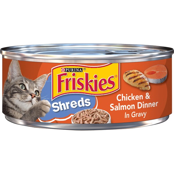 Purina Friskies Gravy Wet Cat Food, Shreds Chicken & Salmon Dinner in Gravy - (24) 5.5 oz. Cans