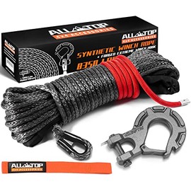 ALL-TOP Synthetic Winch Rope Cable Kit: 3/16" x 50 ft 8350LBS Winch Line with Protective Sleeve + Forged Winch Hook + Safety Pull Strap