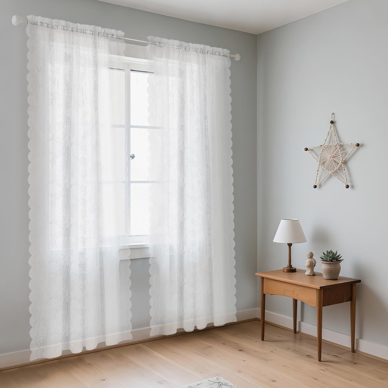 Neween Sheer Curtains White Floral Lace Curtains Rod Pocket Window