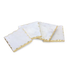 Décor Envogue 4” Square White Marble Gold edge Coasters Set of 4 - Luxury Aesthetic Modern Drink Coasters for Coffee Table- Cup Coasters - Real Natural Semi Absorbent Stone Coasters.