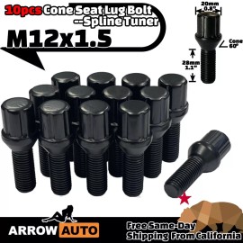 ARROW 10x Black M12x1.5 Cone Seat Spline Lug Bolt 28mm Shank/20mm Flange Size