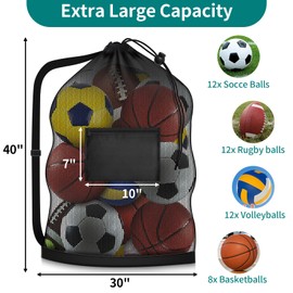Extra Large Soccer Ball Bag, 40" x 30" Drawstring Mesh Ball Bag with Pocket, Heavy Duty Sport Net Sack for Coaches, Storage Bag for Basketball, Volleyball, Gym Equipment, Swimming Gear (2)