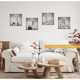 ANHUIB Pack of 4 3D Vase Wall Stickers, Vases Wall Stickers for Living Room, Green Plants Wall Stickers, Vinyl Removable White Bottle and Green Leaves Wall Pictures for Bedroom, Office, Kitchen