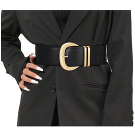 SANSTHS Women Wide Elastic Waist Belt for Dresses Fashion Gold Buckle Stretchy Leather Waistband for Ladies, Black S