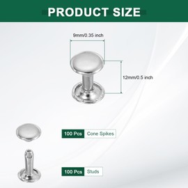 sourcing map 100 Sets Double Cap Leather Rivets, 9x12mm Round Cap Metal Studs Rivets for Leather Craft Repair DIY Purse Belts Bags Shoes, Silver