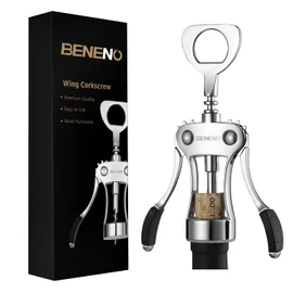 Beneno Wine Opener, Zinc Alloy Premium Wing Corkscrew with Multifunctional Bottles Opener, Sharp Wine Corkscrew with Ergonomic Non-Slip Wing Handle, Silver