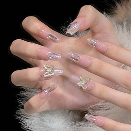 Pure Handmade Nails Press on Nail Reusable Fake Nails Golden RhineStones Bling Bling Medium Stick on Nails French Tip False Nails 10pcs (XS, Q309 NAILS)