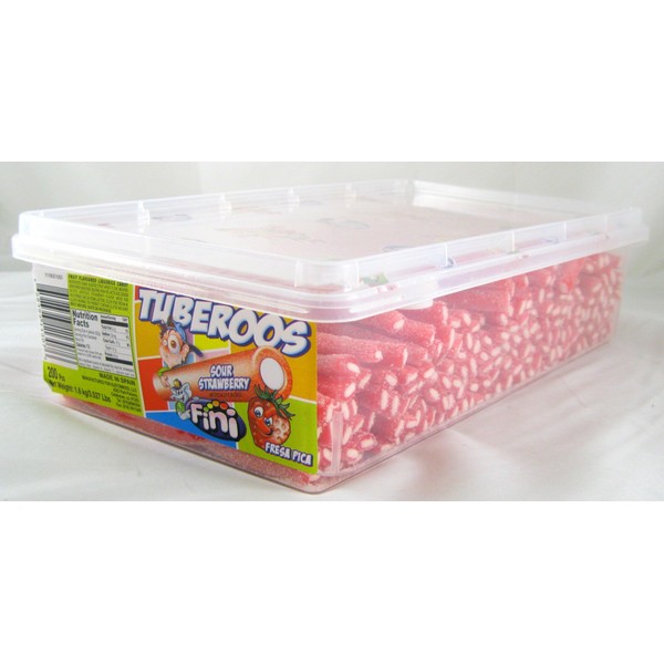 Tuberoos Red Color White Fondant Filled Sour Licorice Sticks, Strawberry Artificially Flavor. - 200 Pieces Tub