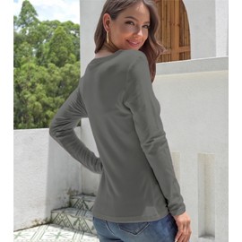Chicrise Long Sleeve Women's V-Neck Long Sleeve Pullover Basic Tight Ribbed Tops, darkgray, S