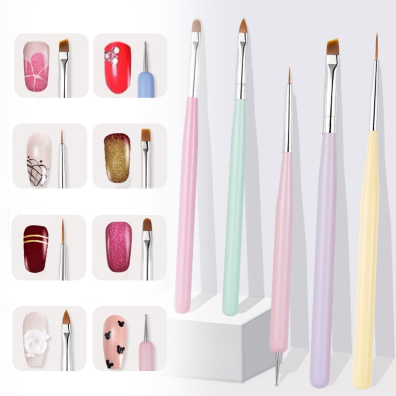 Nail Brushes, Set of 6, Ultra Fine Liner, Flat Brush,