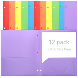 12 Pack Plastic 3 Hole Punch Folders with 2 Pockets, File Folders with Pockets, 3 Hole Pocket Folders for Students, Teachers, Office Staff