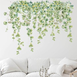 SMAOSTORE Wall Sticker Vine Plant Ceiling Sticker Scandinavian Green Leaves Sticker Flower Stylish Children's Room Bedroom Living Room Bedroom Green Background Wall Sticker Waterproof Removable Wall