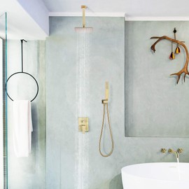 Dr Faucet Rain Shower Ceiling Mount Shower System with Rainfall Shower Bathroom Shower Faucet Combo Set Rough-in Valve and Trim Shower Fixtures Brushed Gold Dr-7411C