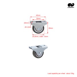 LIKERAINY Small Low-Noise Wheels TPR Rubber Wheels Furniture Castors Diameter 25 x 13 mm without Brake with Mounting Plate for Furniture and Cabinet Swivel Castor Load Capacity 40 kg Pack of 8