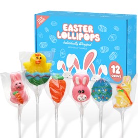 Easter Lollipops Candy Variety Pack Dye-Free - 12 Individually Wrapped Assorted Colorful Shapes Easter Suckers, With Bunny, Egg, Carrot Easter Suckers. For Basket Fillers, Gifts & Treats
