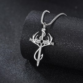 LWQQWL Fish Hook Cross Necklace for Men 925 Sterling Silver Nail Cross Pendant Necklaces Antlers Hunting Jewelry Gifts for Women Men