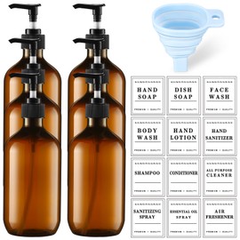 Sliner 6 Pcs Plastic Shampoo and Conditioner Dispenser Bottles 16.9 oz Shower Bottles with Pump 12 Pcs Labels and 1 Pcs Silicone Funnel Reusable Hand Soap Containers for Bathroom Shower(Amber)