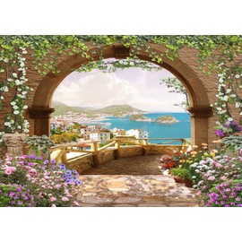 Loccor 6x4ft Fabric Vintage Archway Backdrop Garden Flowers Stone Terrace Blue Sea Coastline Landscape Photography Background Birthday Party Romantic Wedding Portrait Photo Booth Props Wallpaper