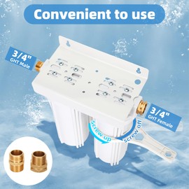External RV Dual Water Filter System, Includes mounting bracket, two filters and two 3/4” GHT brass fittings, For reducing sediment, dirt, sand, odors and chlorine, For RVs Yachts Homes Marine