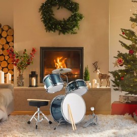 Unbranded US 14"x10" 3Pcs Junior Kids Drum Set Kit Pedal Drum Stick Wrench Drum Stool Blue