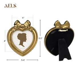 AELS 4x4 Inch Heart Shaped Vintage Picture Frame, Elegant Antique Bow Photo Frames with Glass Front, Photo Display, Tabletop Wall Hanging, Gift Ideas, Golden Bronze