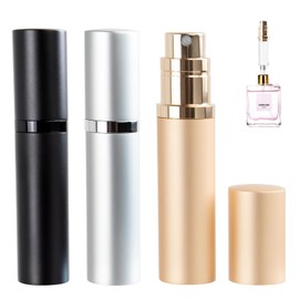 LIOUCBD 3PCS Refillable Perfume Atomizer Bottle Travel, 5ml Leakproof Mini Travel Perfume Atomizer Refillable, Empty Cologne Portable Fragrances Dispenser Sprayer (Black & Silver & Gold)