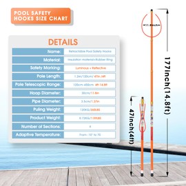 Zilipex 15ft Pool Safety Hook for Poles, Pool Rescue Hook, Life Hooks for Pools, Extendable Boat Water Rescue Equipment, Telescopic Fiberglass Emergency Life Preserver Ring for Drowning Swimmers