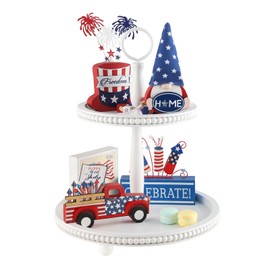 Beaded Tiered Tray Stand, Rustic Wooden 2 Tier Decorative Tray with Bead Garland, Farmhouse Round Wood Serving Tray Counter Centerpiece for Coffee Bar Home Decor Holiday Housewarming Gifts (White)