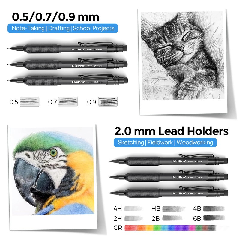 Nicpro 6PCS Weatherproof Mechanical Pencil Set, 3 PCS Art Mechanical