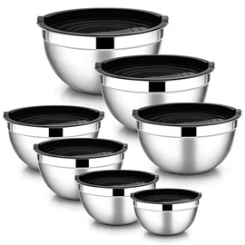 Stainless Steel Mixing Bowls with Airtight Lids, E-far 7PCS Metal Nesting Bowls with Black Lids for Saving Storage Space, Size 7, 4.5, 3, 2.1, 1.5, 1.2, 0.7QT, Great for Baking/Cooking/Prepping