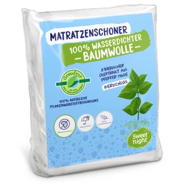 SWEET NIGHT Sweetnight Greenfirst Mattress Protector, 140 x 190/200 cm, Plant Treatment, Waterproof and Anti-Dust Mite Mattress Topper, 100% Cotton Fleece, Quiet and Breathable
